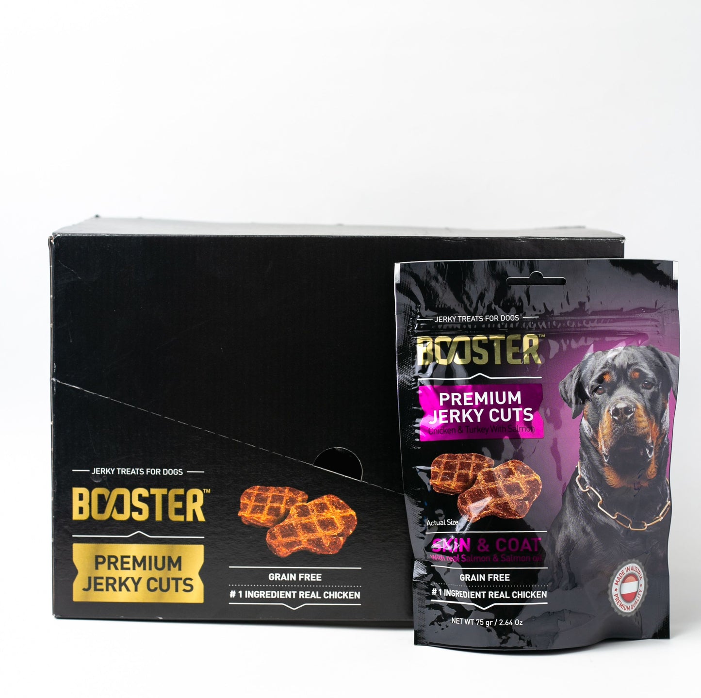 Box of Booster Dog Premium Jerky Cuts for Skin & Coat