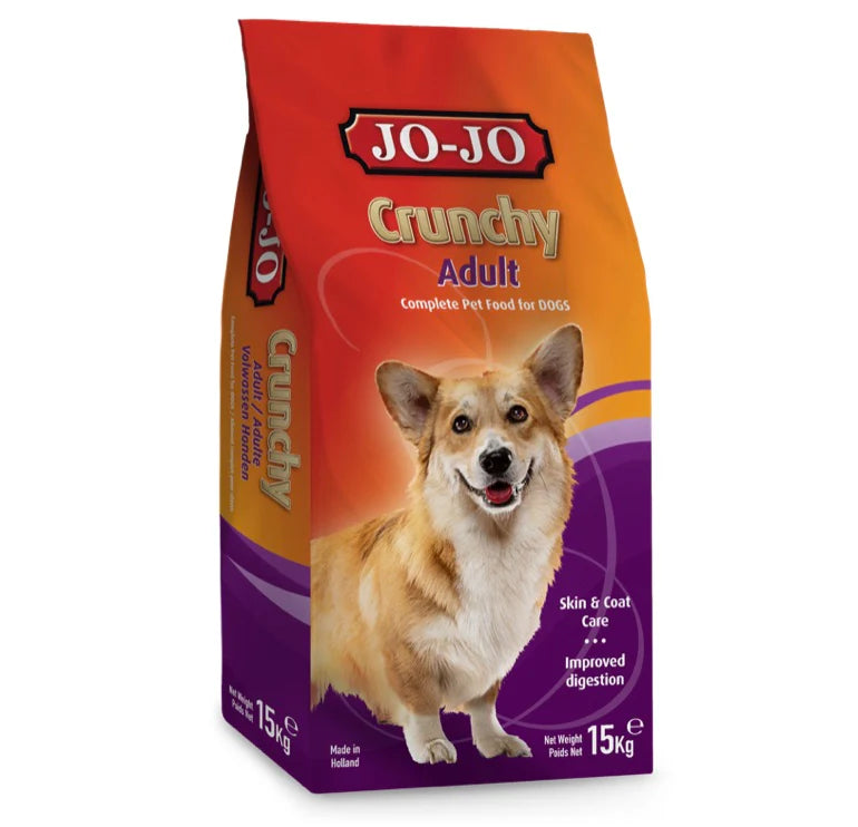 JO-JO Crunchy Adult dog food packaging with a dog on the label