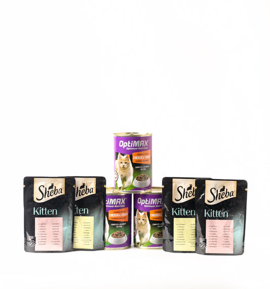 Kitten Wet Food Combo Sheba Pouches and Optimax Cans