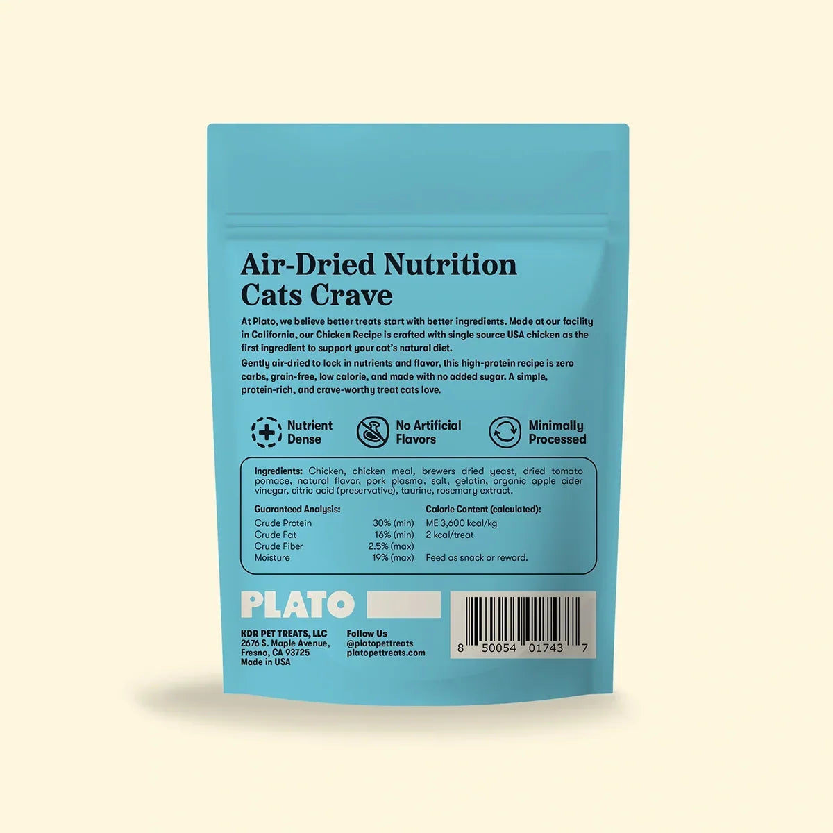 Back of Plato Chicken Cat Treats with ingredients