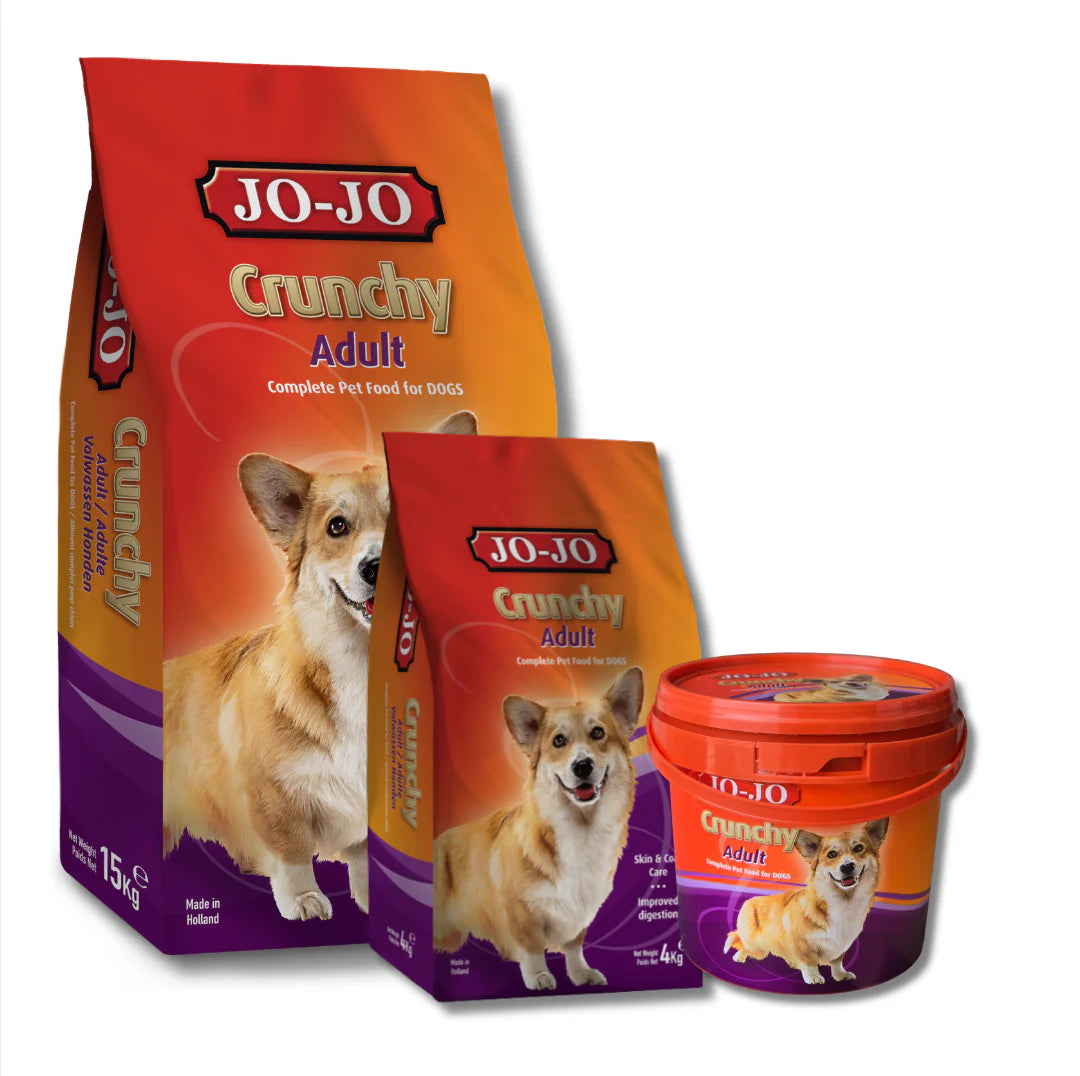 JO-JO Crunchy Adult dog food packaging including a bag, container, and bucket on a white background