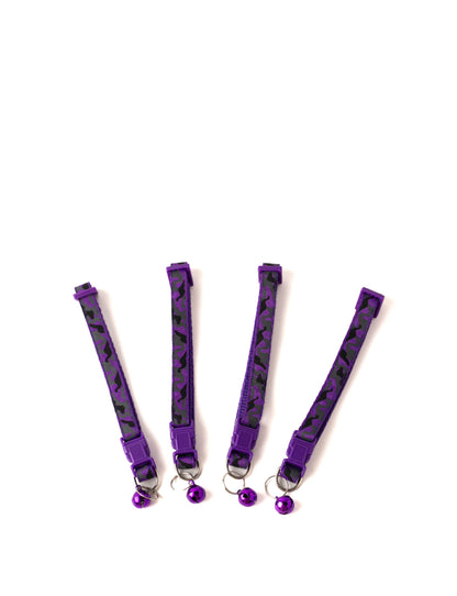 Adjustable cat collar with bell, purple camo
