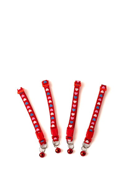 Adjustable cat collar with bell, red heart print