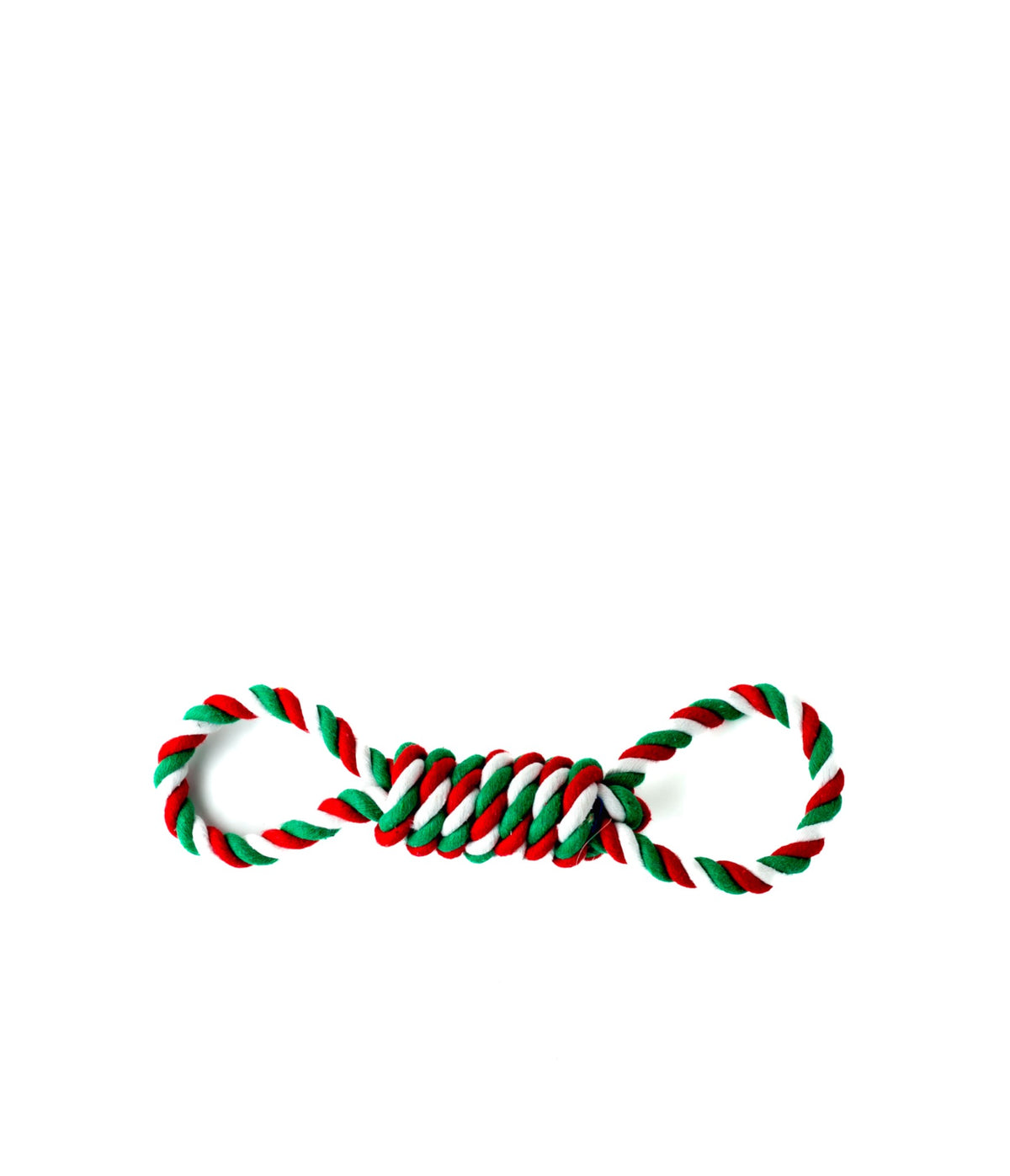 Double loop braided rope tug dog toy red green and white