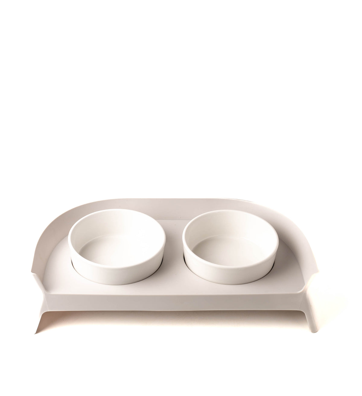 Elevated double pet bowl stand with splash guard and two white bowls