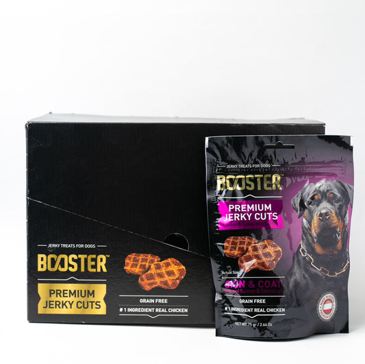 Box of Booster Dog Premium Jerky Cuts for Skin & Coat