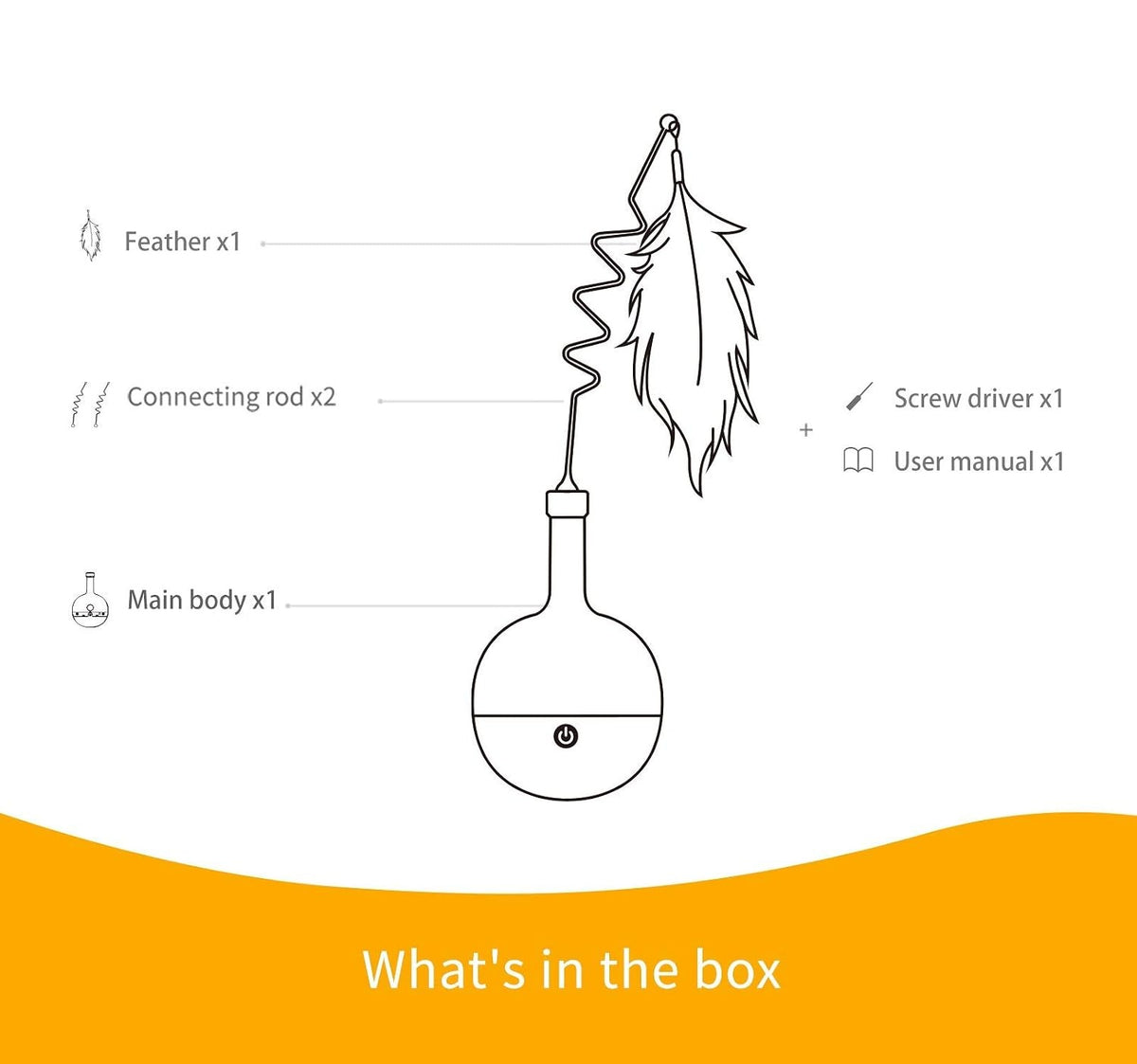 What is in the box: main body, feather, 2 connecting rods, screwdriver, user manual