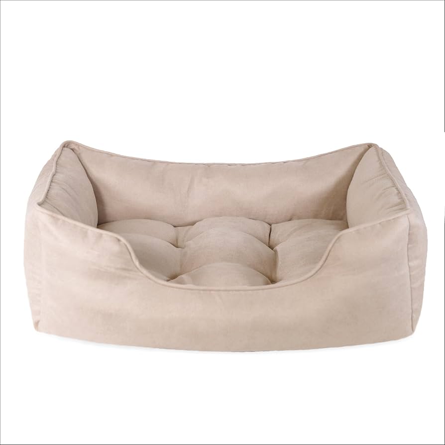 Rosewood 40 Winks Thin Twill Box Dog Bed in beige, shown from the front with raised bolster sides and a tufted cushion base