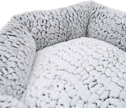 Close up of the silver grey faux fur texture on the bolster and cushion of the Rosewood plush bed