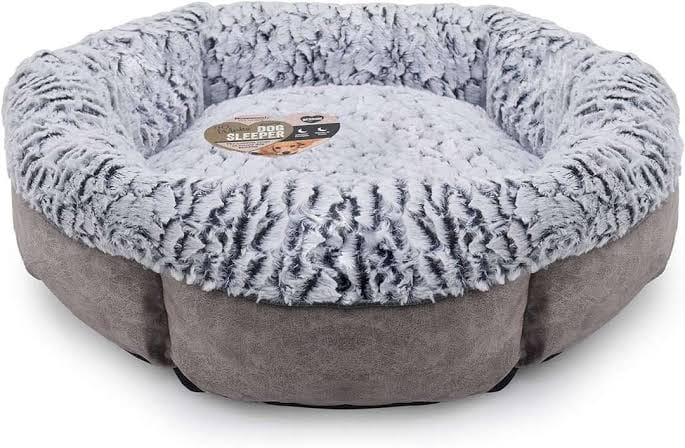 Rosewood Luxury Fleece Lined Plush Bed, round grey bed with a soft plush fleece lining, deep raised sides and a faux grey suede base