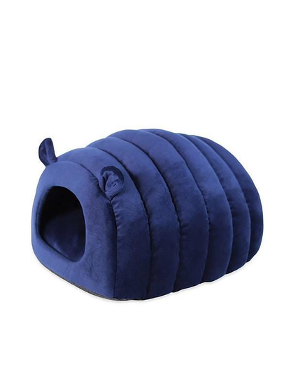 Rosewood Navy Velvet Hideaway cat bed, a navy ribbed velvet cave with small ears and a rounded entrance