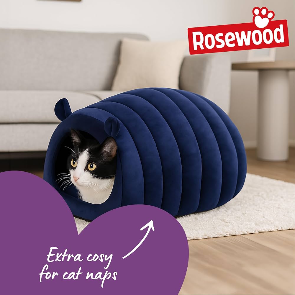 The navy velvet hideaway in a living room on a rug, with a cat resting inside
