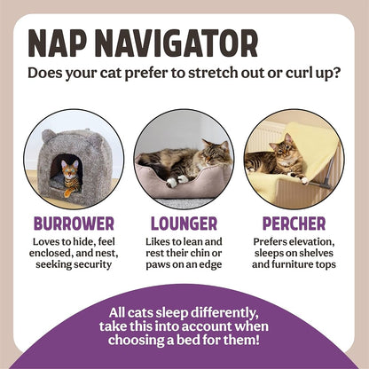 Nap Navigator guide explaining the three cat sleeping styles: burrower, lounger and percher