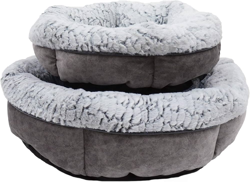 Both sizes of the Rosewood plush bed shown together, the small 48cm nested on top of the medium 64cm