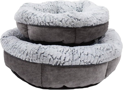 Both sizes of the Rosewood plush bed shown together, the small 48cm nested on top of the medium 64cm